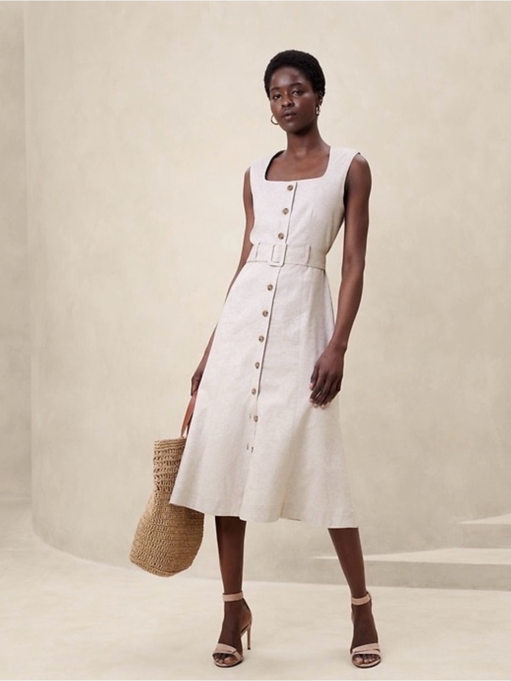 Banana Republic Linen Cotton Blend Button Sleeveless Midi Dress Beige Flax Size0
